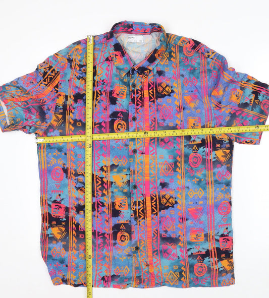 Bershka Men’s Multicoloured Aztec Short Sleeve Retro Viscose Shirt M