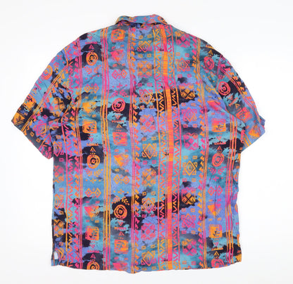 Bershka Men’s Multicoloured Aztec Short Sleeve Retro Viscose Shirt M