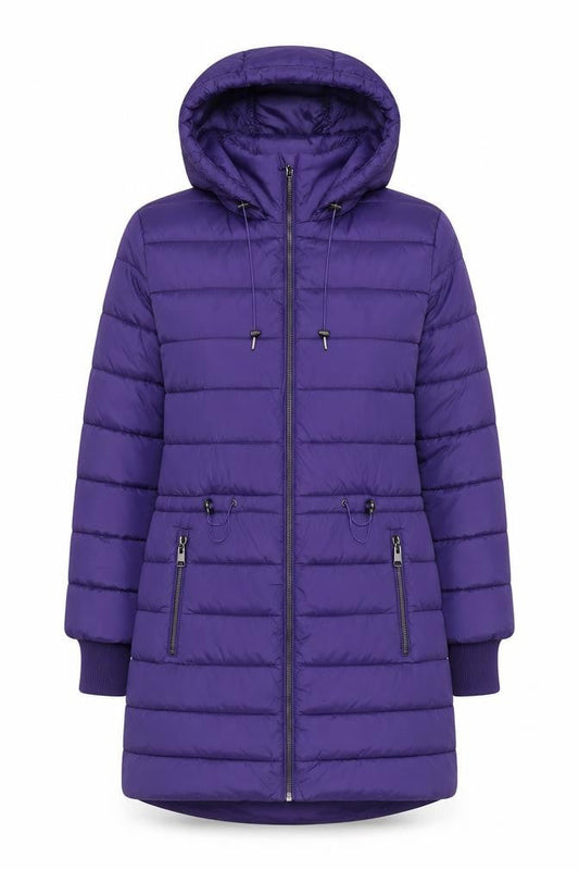 Front view of Gallery Women’s Purple Hooded Puffer Jacket UK 14 Lined Zip Coat