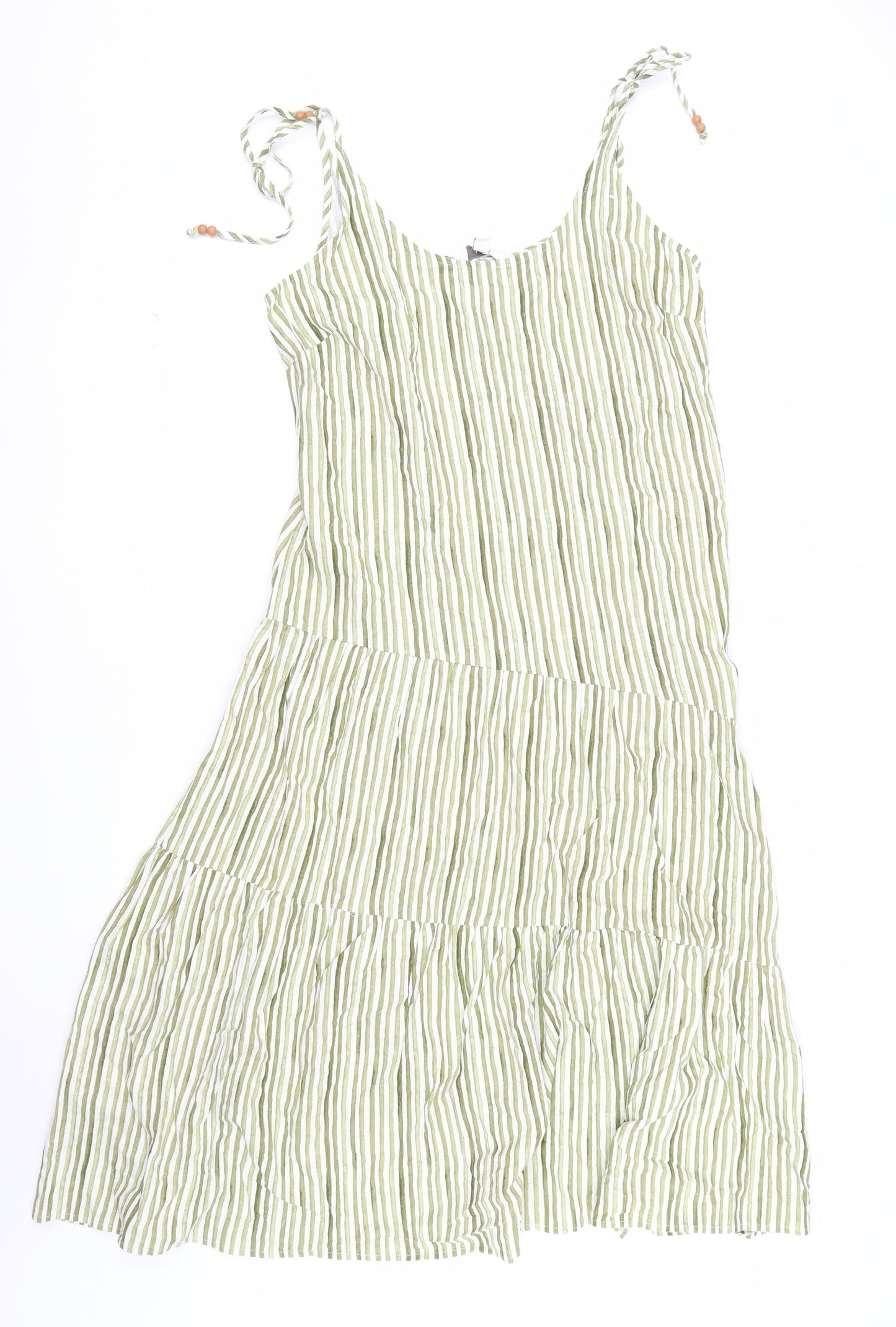 Marks and Spencer Womens Green Striped Linen Blend Midi A-Line Summer Dress Size 12