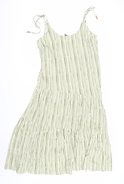 Marks and Spencer Womens Green Striped Linen Blend Midi A-Line Summer Dress Size 12
