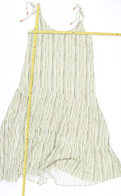 Marks and Spencer Womens Green Striped Linen Blend Midi A-Line Summer Dress Size 12