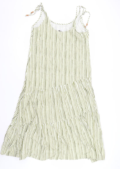 Marks and Spencer Womens Green Striped Linen Blend Midi A-Line Summer Dress Size 12