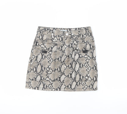 Topshop Womens Beige Snake Print Mini Skirt UK 8 Cotton Denim