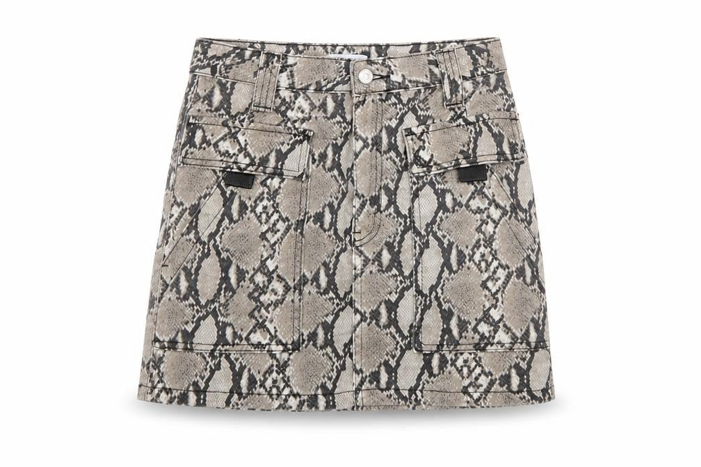 Topshop Womens Beige Snake Print Mini Skirt UK 8 Cotton Denim