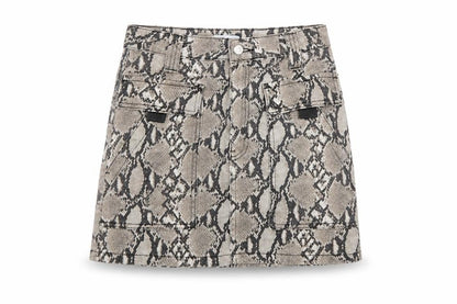 Topshop Womens Beige Snake Print Mini Skirt UK 8 Cotton Denim