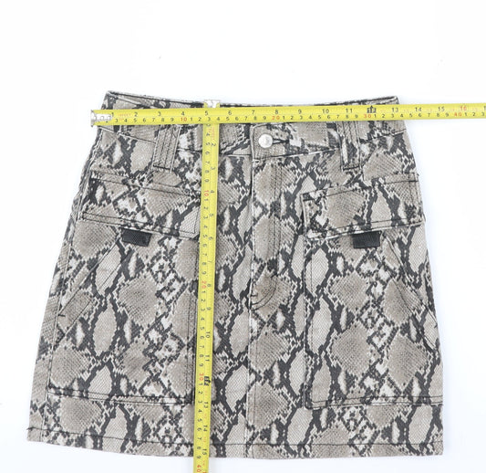 Topshop Womens Beige Snake Print Mini Skirt UK 8 Cotton Denim