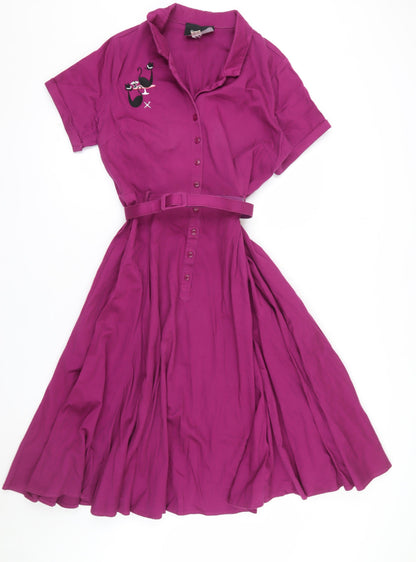 Collectif Women Purple Cat Embroidered Fit & Flare Dress Size 16