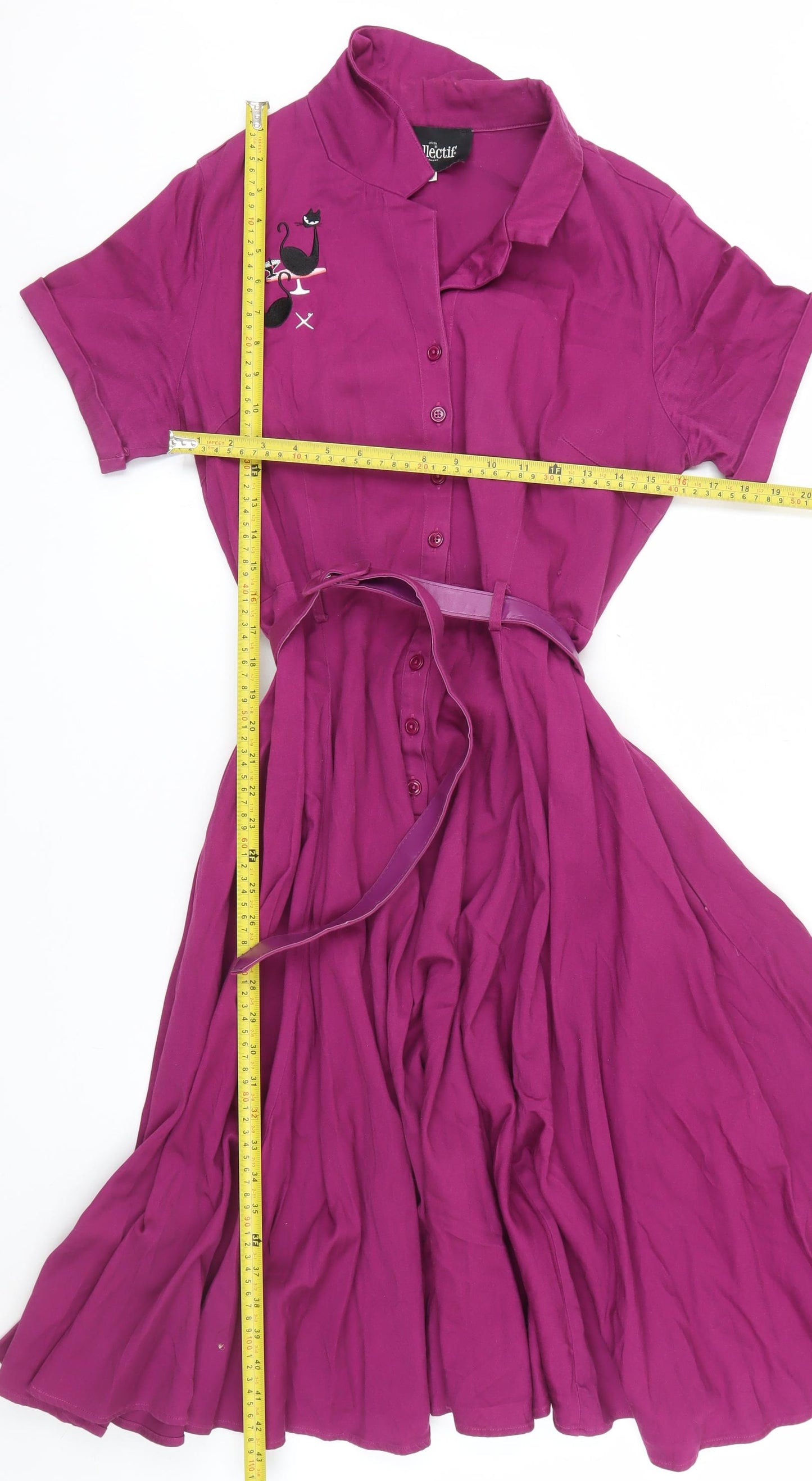 Collectif Women Purple Cat Embroidered Fit & Flare Dress Size 16