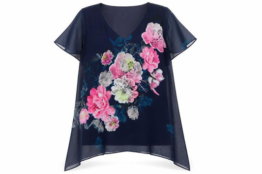 Front view of Roman Women's Blue Floral Chiffon Tunic Blouse, size 10