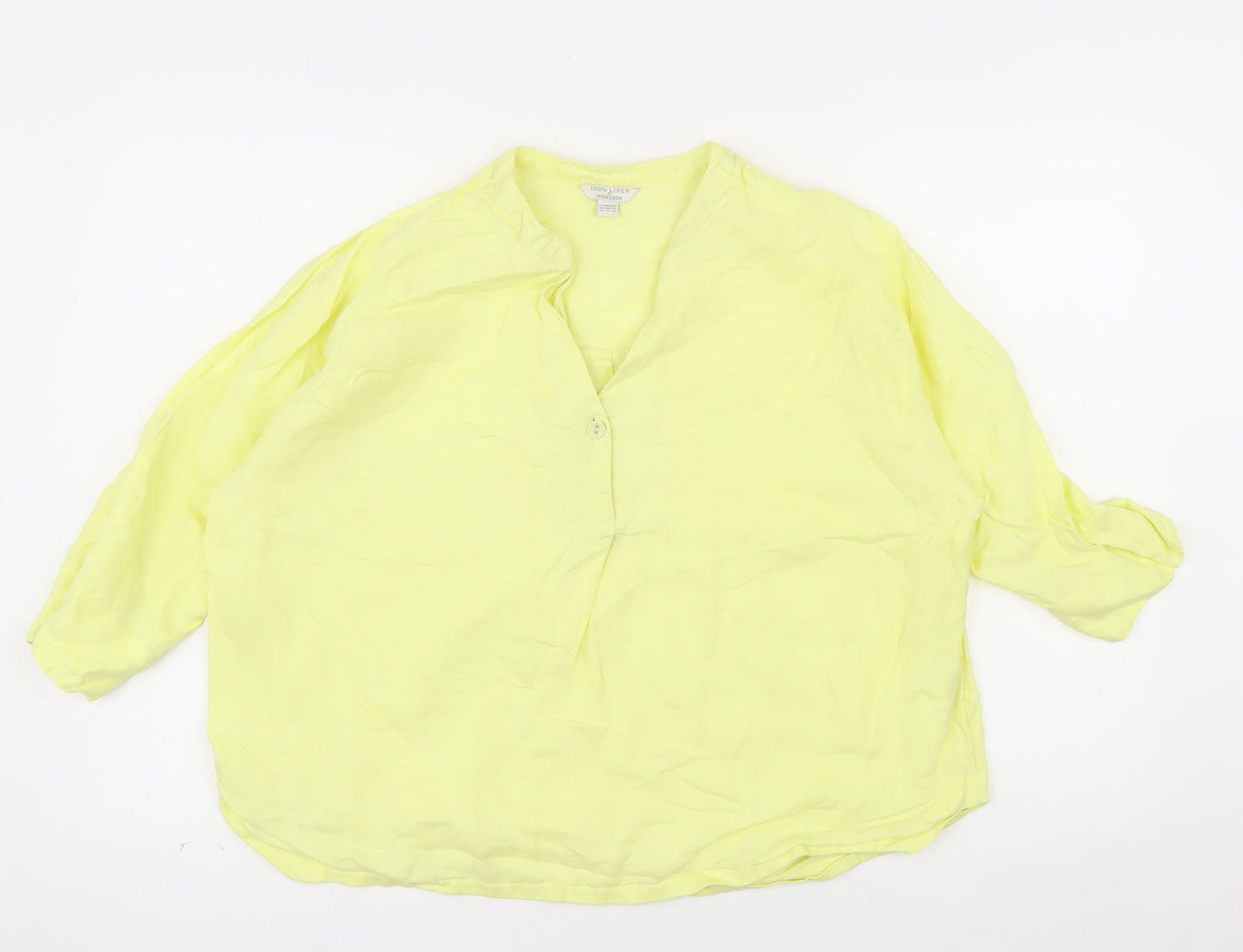 Monsoon Women Yellow Linen Tunic Blouse Size 14 V-Neck Lightweight