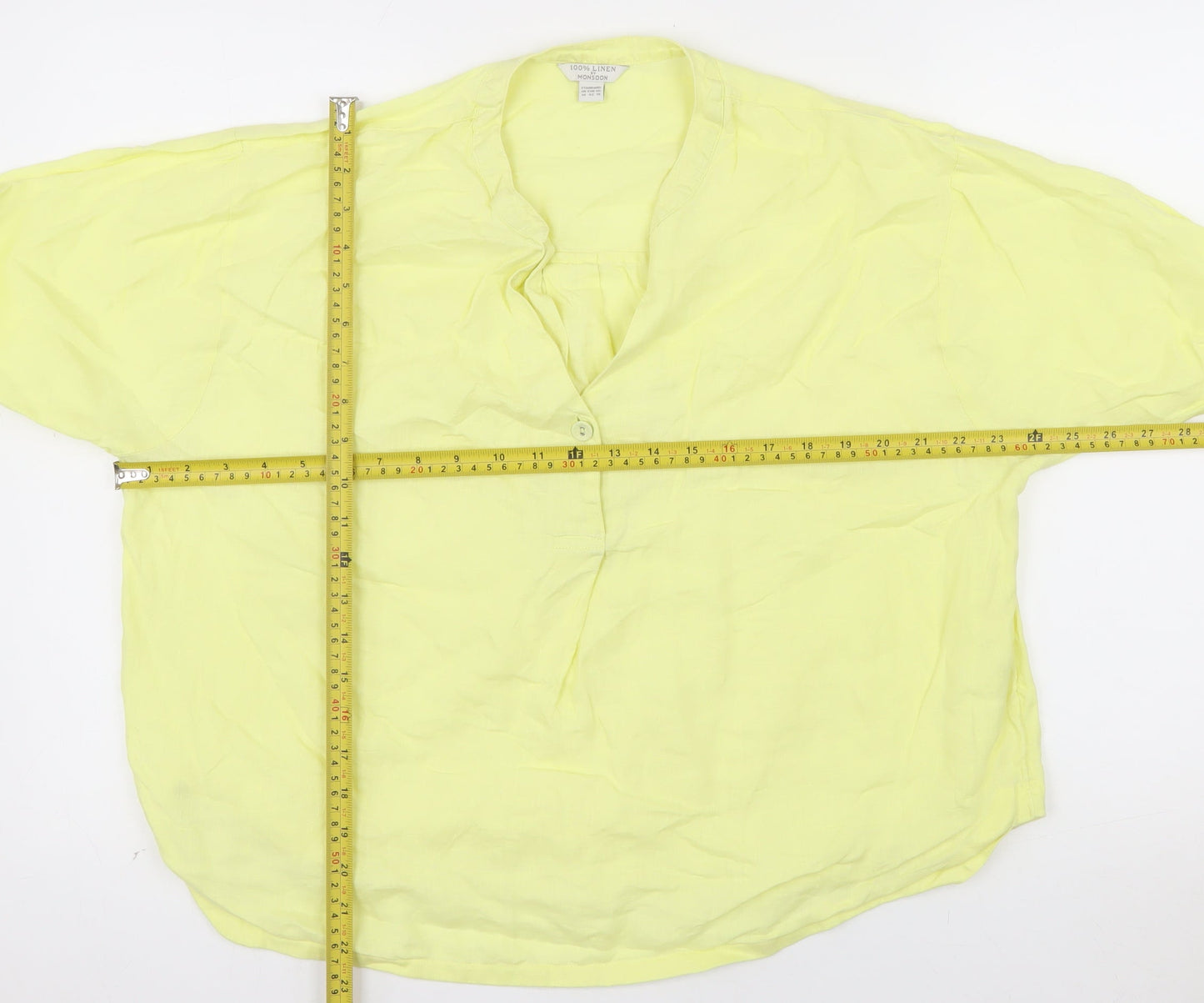 Monsoon Women Yellow Linen Tunic Blouse Size 14 V-Neck Lightweight