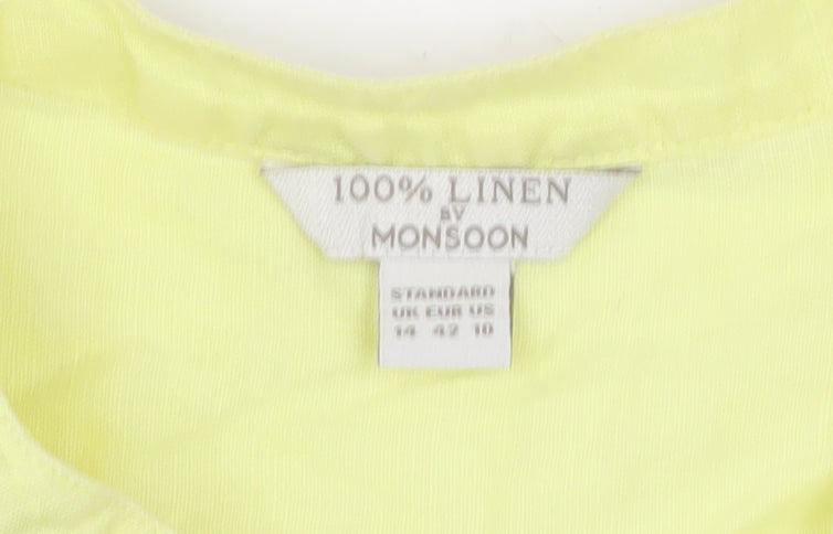 Monsoon Women Yellow Linen Tunic Blouse Size 14 V-Neck Lightweight