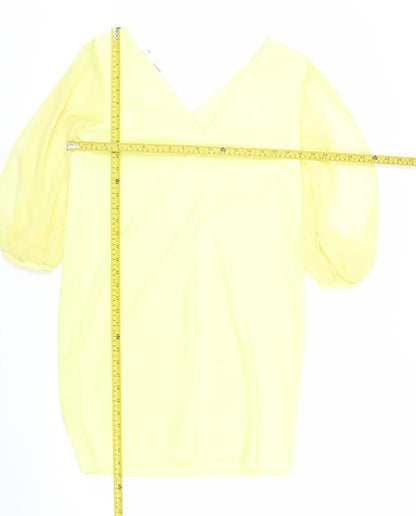 Next Women Yellow Shift Dress Size 12 V-Neck Puff Sleeve Woven