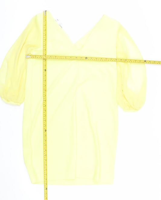 Next Women Yellow Shift Dress Size 12 V-Neck Puff Sleeve Woven