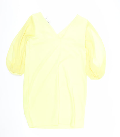 Next Women Yellow Shift Dress Size 12 V-Neck Puff Sleeve Woven