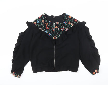 Zara Women Black Embroidered Ruffle Bomber Jacket Size S