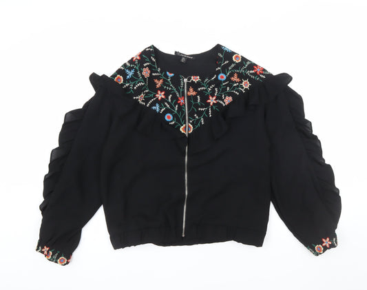 Zara Women Black Embroidered Ruffle Bomber Jacket Size S