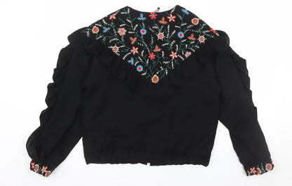 Zara Women Black Embroidered Ruffle Bomber Jacket Size S