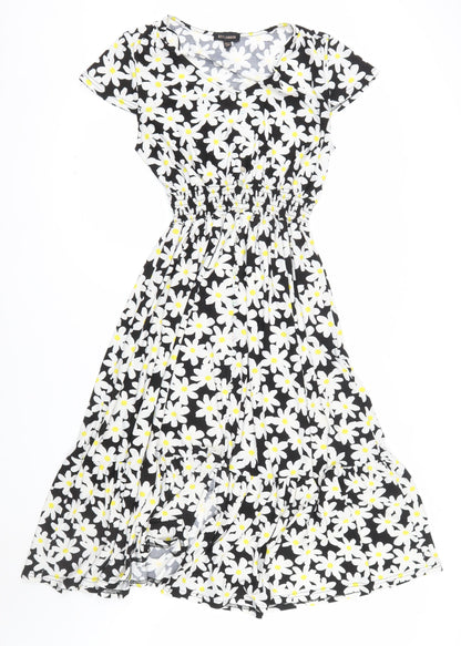 QED London Women’s Black Floral Daisy Fit & Flare Midi Dress Size 14