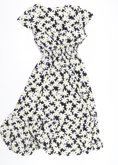 QED London Women’s Black Floral Daisy Fit & Flare Midi Dress Size 14