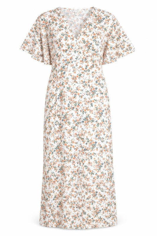 Front view of Miss Selfridge Women's Floral Wrap Midi Dress, size 6, Multicoloured