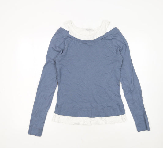 Rainbow Womens Blue Long Sleeve Boat Neck Cotton Top M