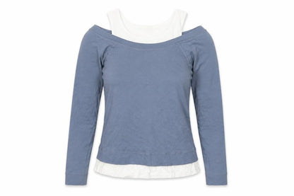 Rainbow Womens Blue Long Sleeve Boat Neck Cotton Top M