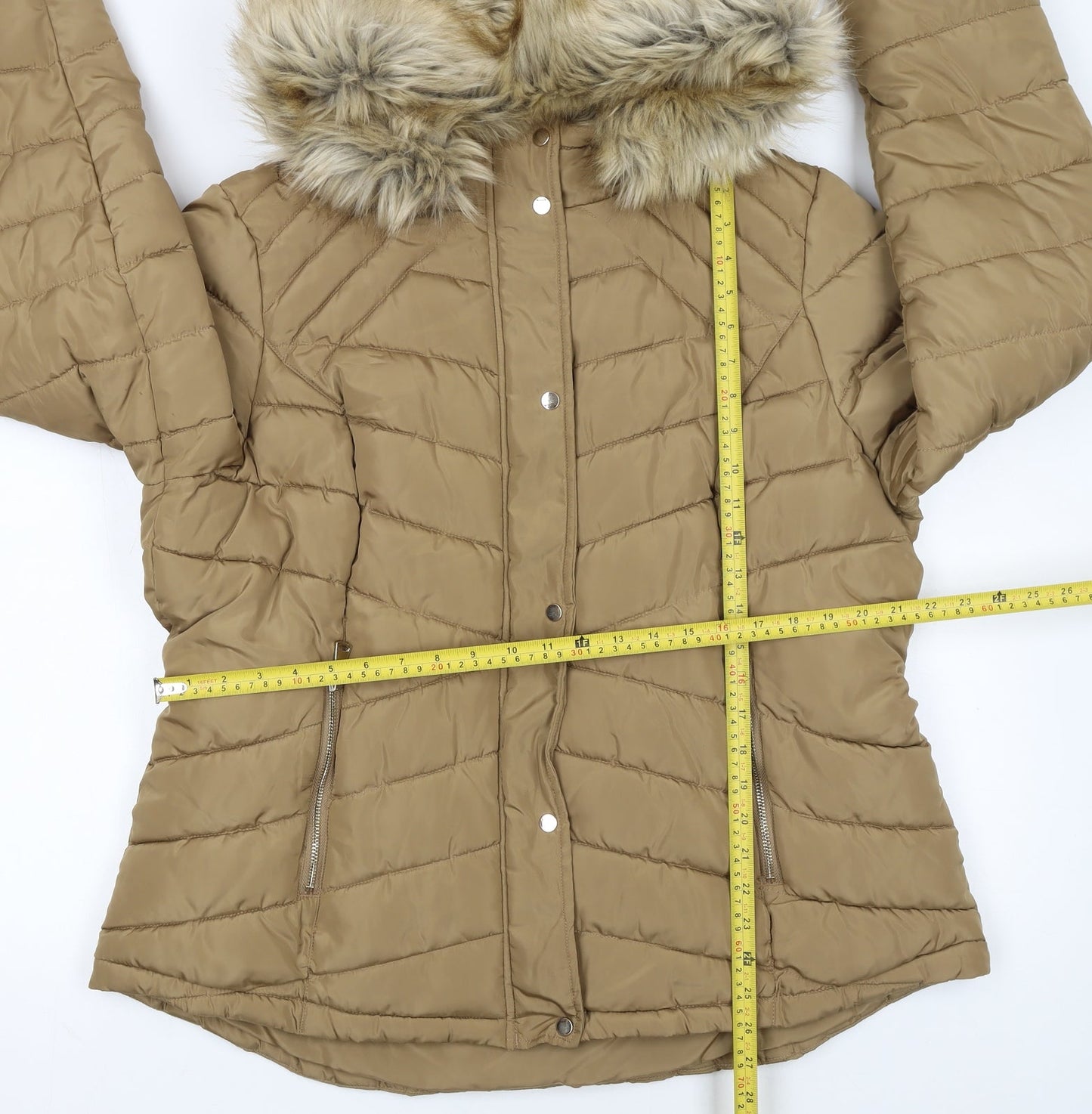 F&F Women’s Beige Faux Fur Hooded Puffer Jacket Size 22