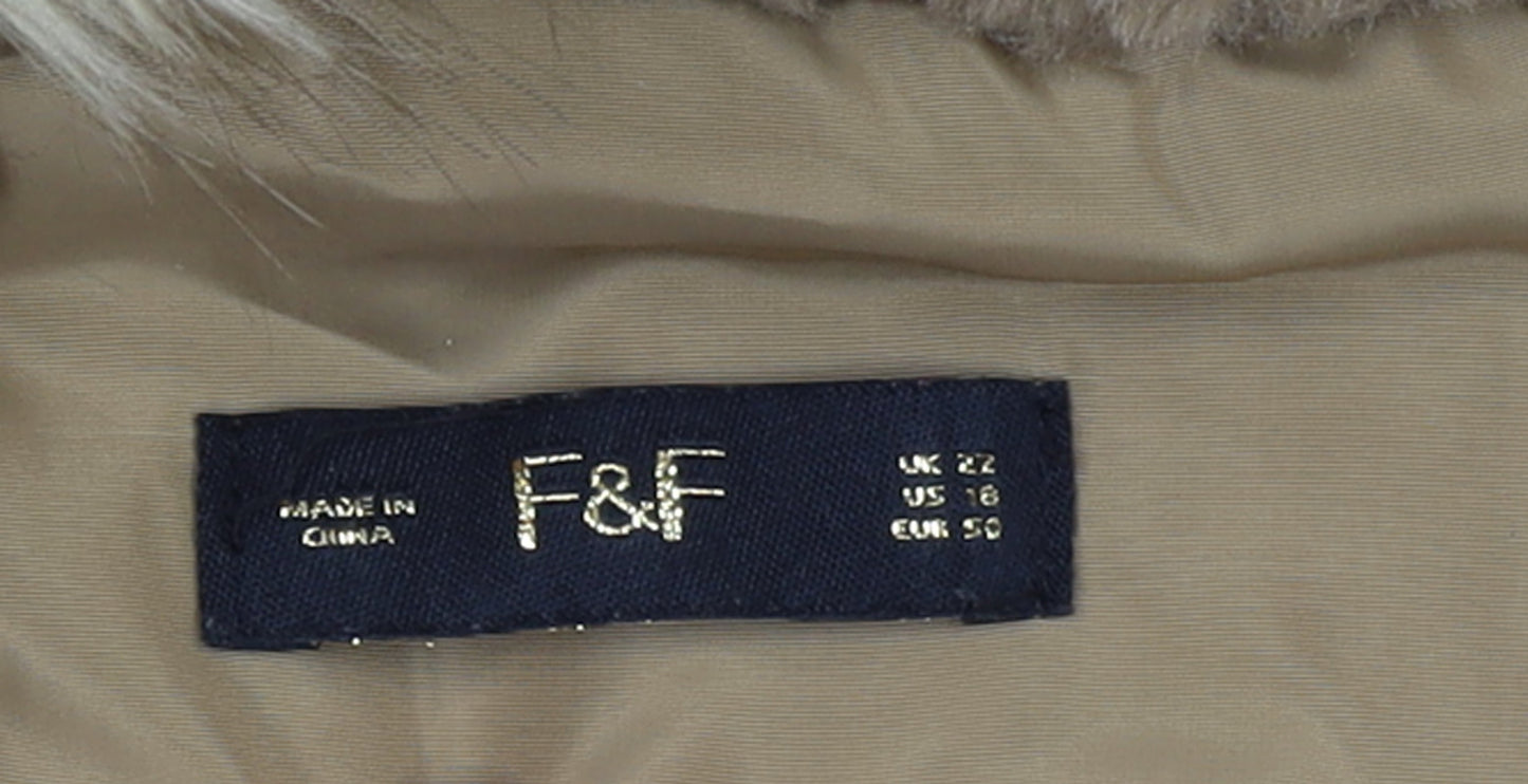 F&F Women’s Beige Faux Fur Hooded Puffer Jacket Size 22