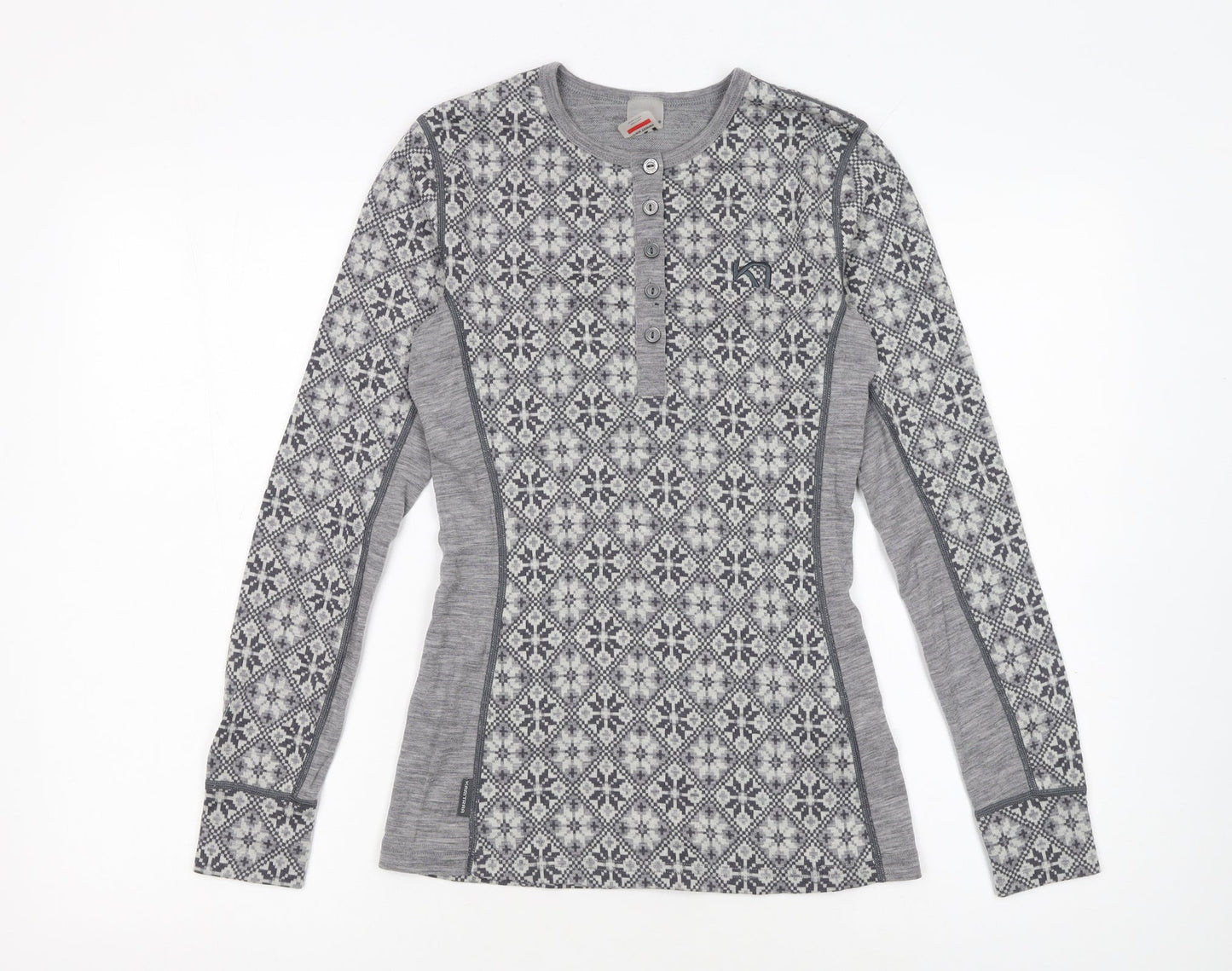 Kari Traa Womens Grey Fair Isle Wool Henley Sweatshirt M
