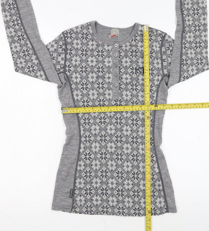 Kari Traa Womens Grey Fair Isle Wool Henley Sweatshirt M