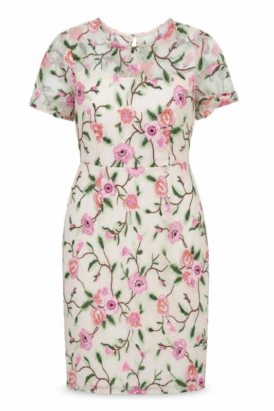 Front view of Dorothy Perkins Women Ivory Floral Embroidered Sheath Dress, size 10