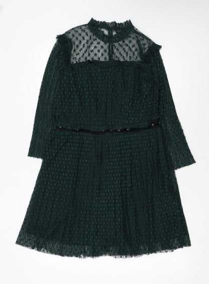 Topshop Women's Green Mesh A-Line Dress Size 14 Long Sleeve Partywear