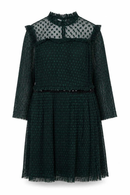 Topshop Women's Green Mesh A-Line Dress Size 14 Long Sleeve Partywear