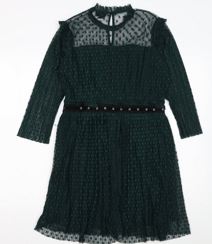 Topshop Women's Green Mesh A-Line Dress Size 14 Long Sleeve Partywear