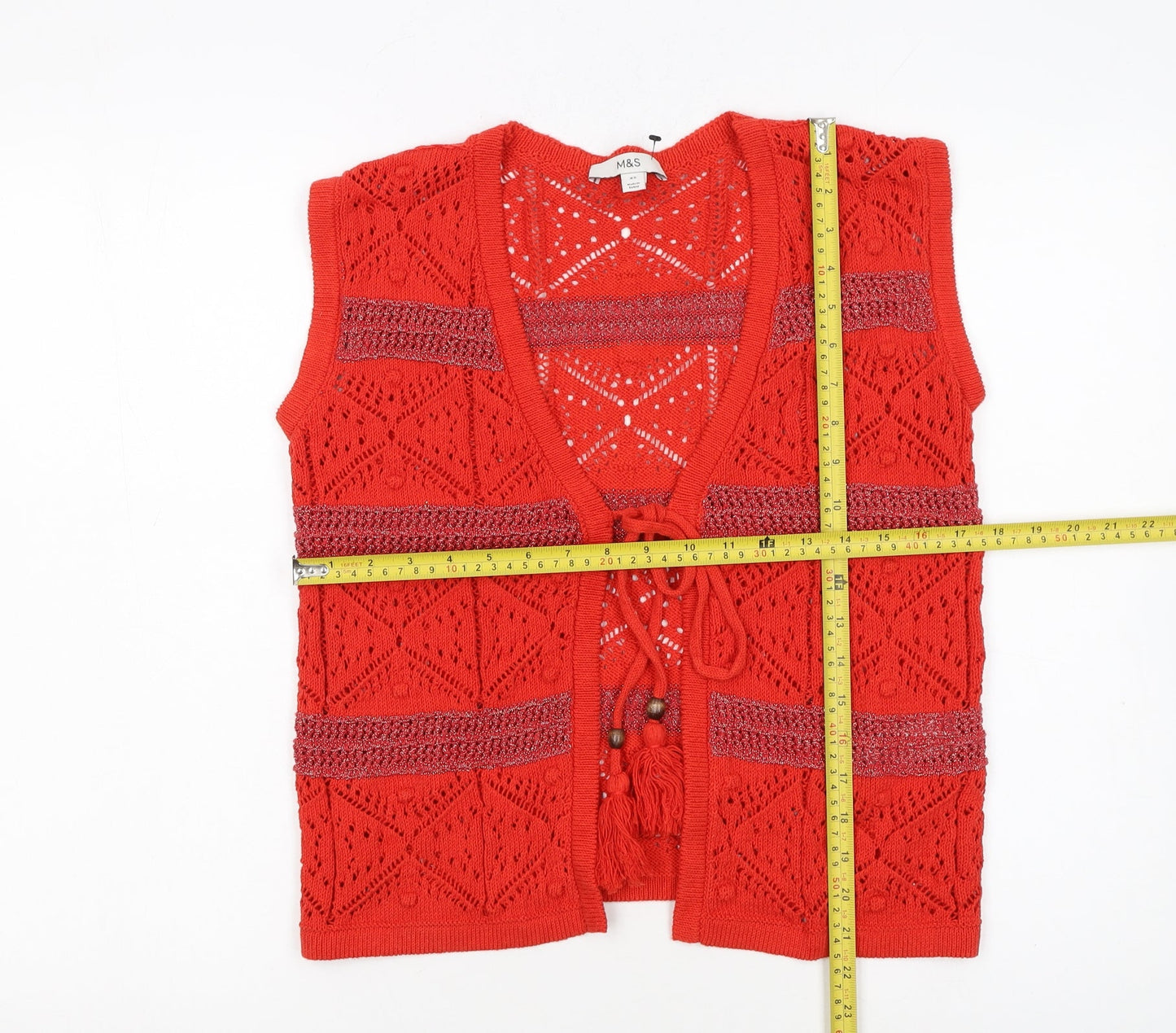 Marks and Spencer Women Red Open Knit Boho Tassel Vest XS