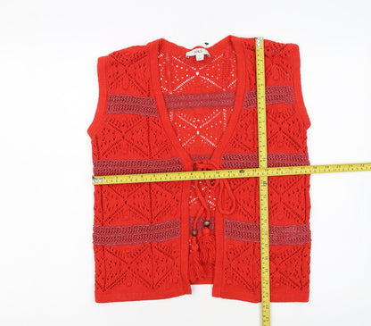 Marks and Spencer Women Red Open Knit Boho Tassel Vest XS