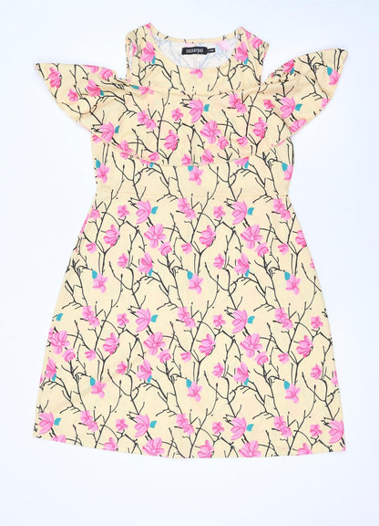 Sassafras Women’s Beige Floral Cold Shoulder Shift Dress L
