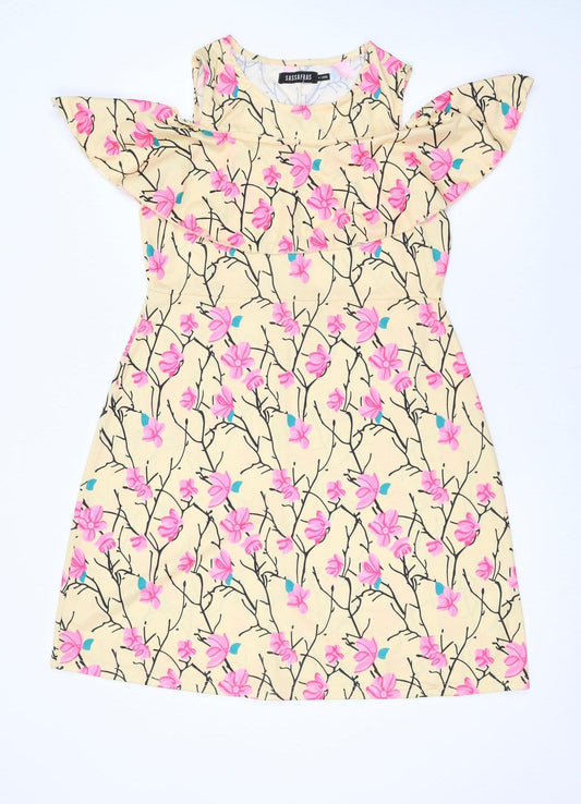 Sassafras Women’s Beige Floral Cold Shoulder Shift Dress L