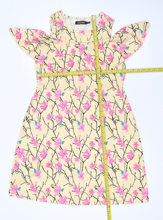 Sassafras Women’s Beige Floral Cold Shoulder Shift Dress L