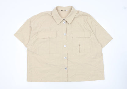 Tu Womens Beige Short Sleeve Collared Button-Up Linen Blend Shirt Size 22