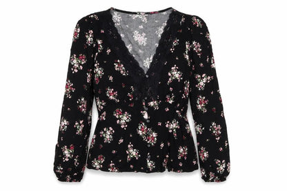 Dorothy Perkins Womens Black Floral Lace Trim V-Neck Blouse Size 12