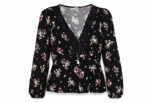 Dorothy Perkins Womens Black Floral Lace Trim V-Neck Blouse Size 12