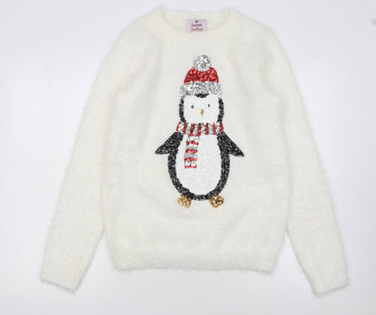 Seasons Greetings Women's Ivory Christmas Penguin Sequin Jumper Size 12