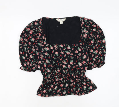 Miss Selfridge Womens Black Floral Puff Sleeve Peplum Blouse UK 8