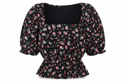 Miss Selfridge Womens Black Floral Puff Sleeve Peplum Blouse UK 8