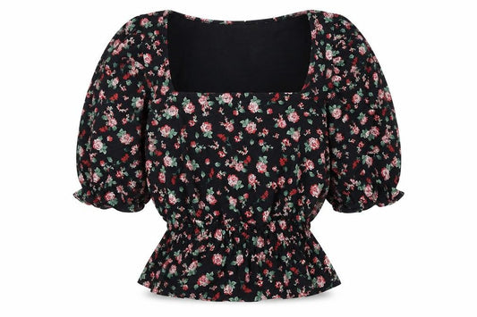 Miss Selfridge Womens Black Floral Puff Sleeve Peplum Blouse UK 8