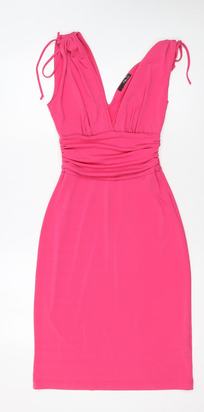 Jane Norman Women’s Pink Bodycon Ruched V-Neck Summer Dress Size 12