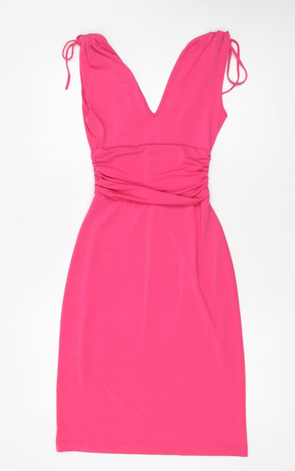 Jane Norman Women’s Pink Bodycon Ruched V-Neck Summer Dress Size 12